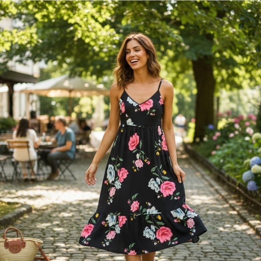 Old Navy Cami Dress Womens S Black Floral Pleated Whimsigoth Cottagecore